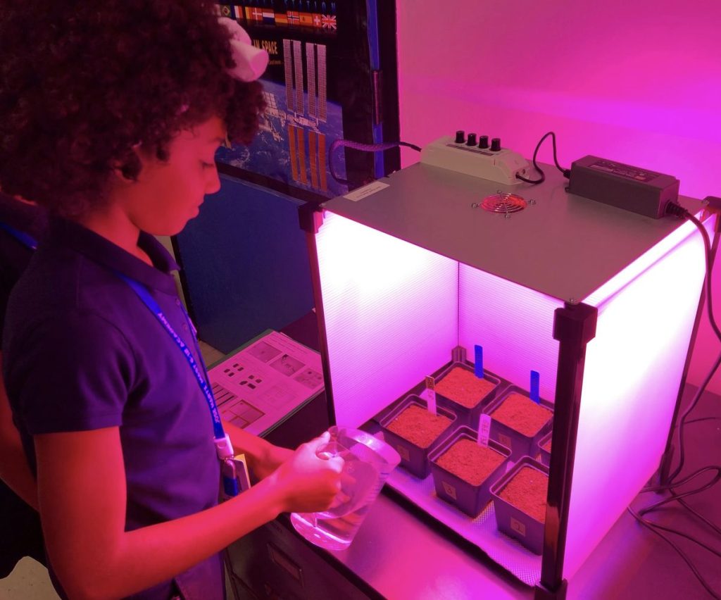 A GBE student tends plants in a classroom PlantLab
